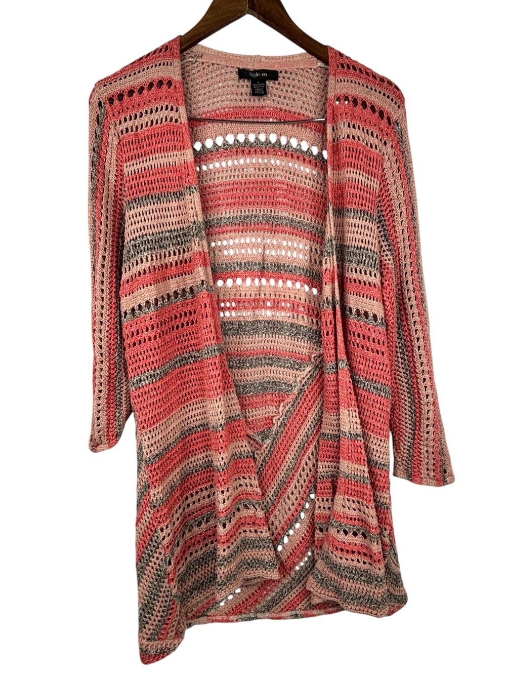 Style & Co Coral & Multi Colour Striped Crochet Knit 3/4 Sleeve Open Cardigan L